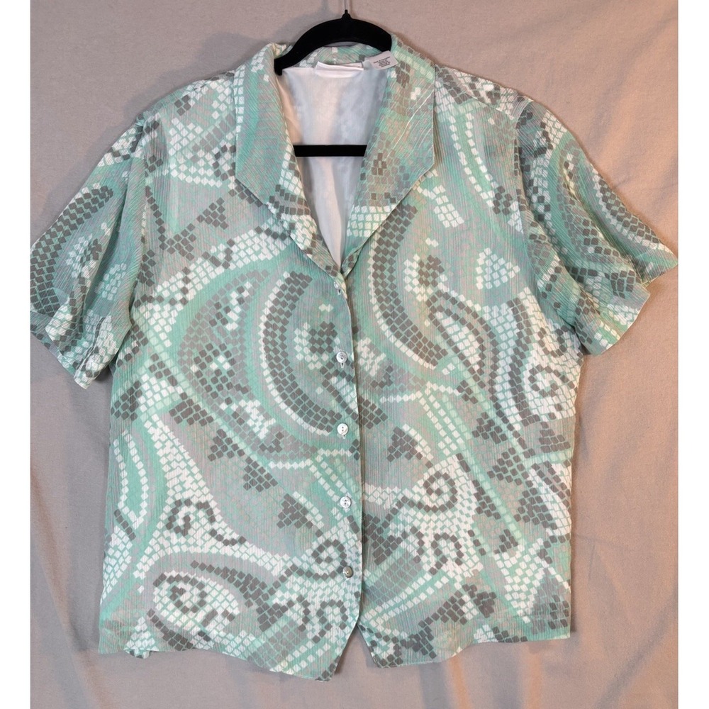 Alfred Dunner Blouse Size 14 Green Short Sleeve Collared Button Down Lined